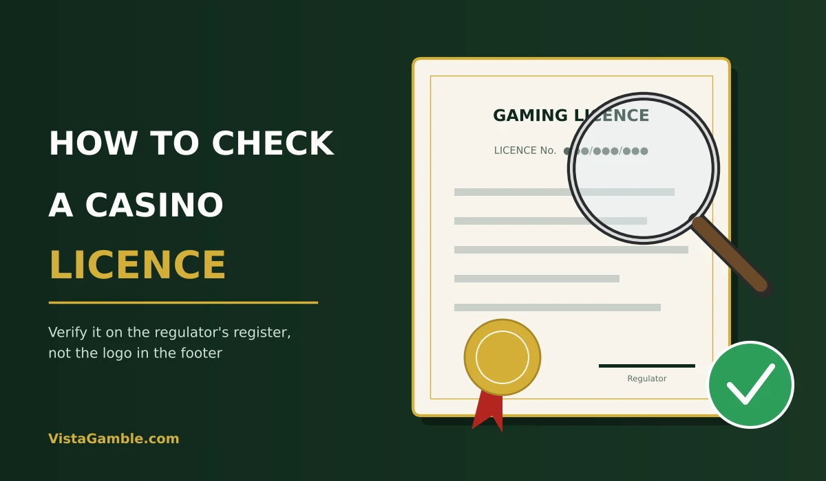 A gaming licence certificate checked with a magnifying glass, with the advice to verify it on the regulator's register, not the footer logo
